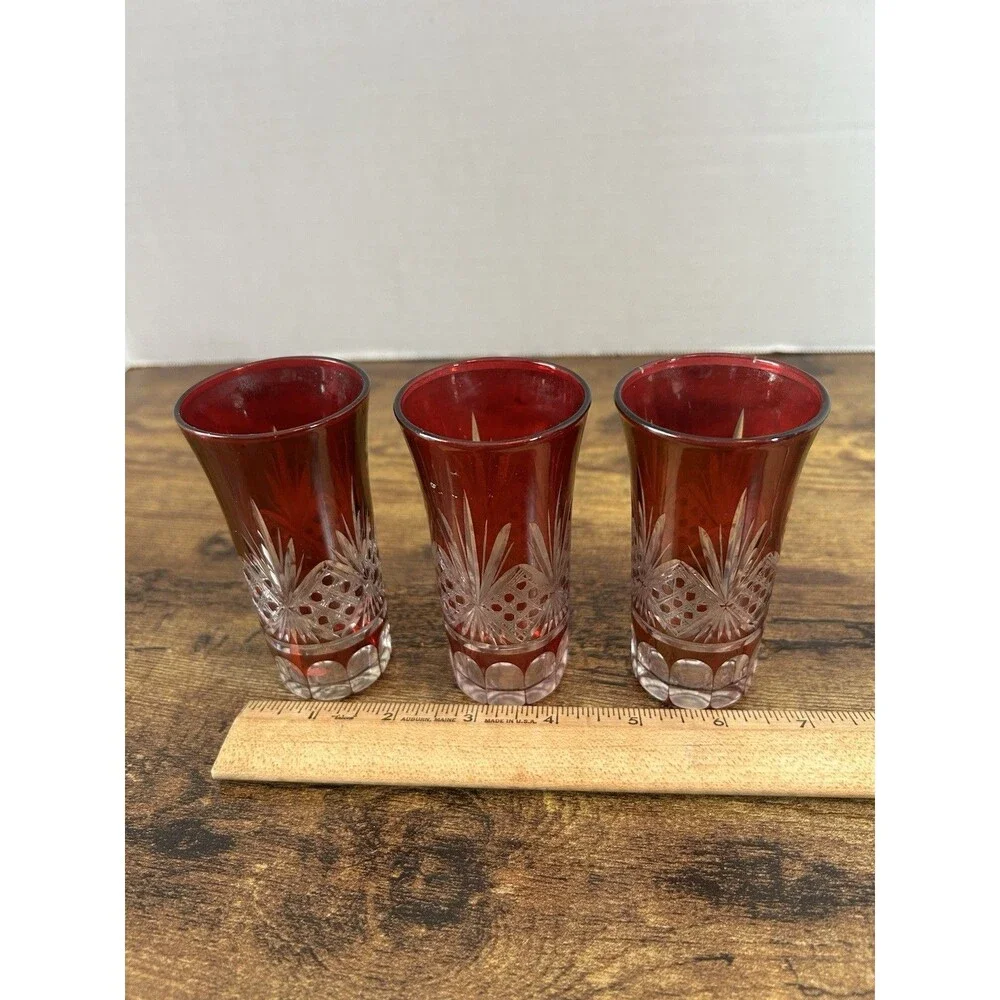 Lot Of 3 Vintage Ruby Cut To Clear Cordial Glasses Candle Holder Decor Displays